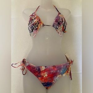 🌞NWT Raisins Aztec Print Padded Bra Top & Watercolor Bikini w/ Fringe A